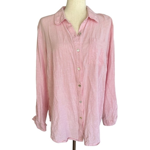 Susan Graver Pink Linen Rayon Blend Long Sleeve Button-down Roll Tab Sleeves M - Picture 3 of 11